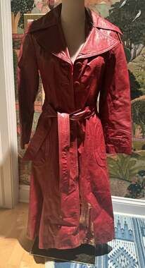 VTG Lipstick Red Custom Leather Coat 70s Lapel Tench Buttons Small